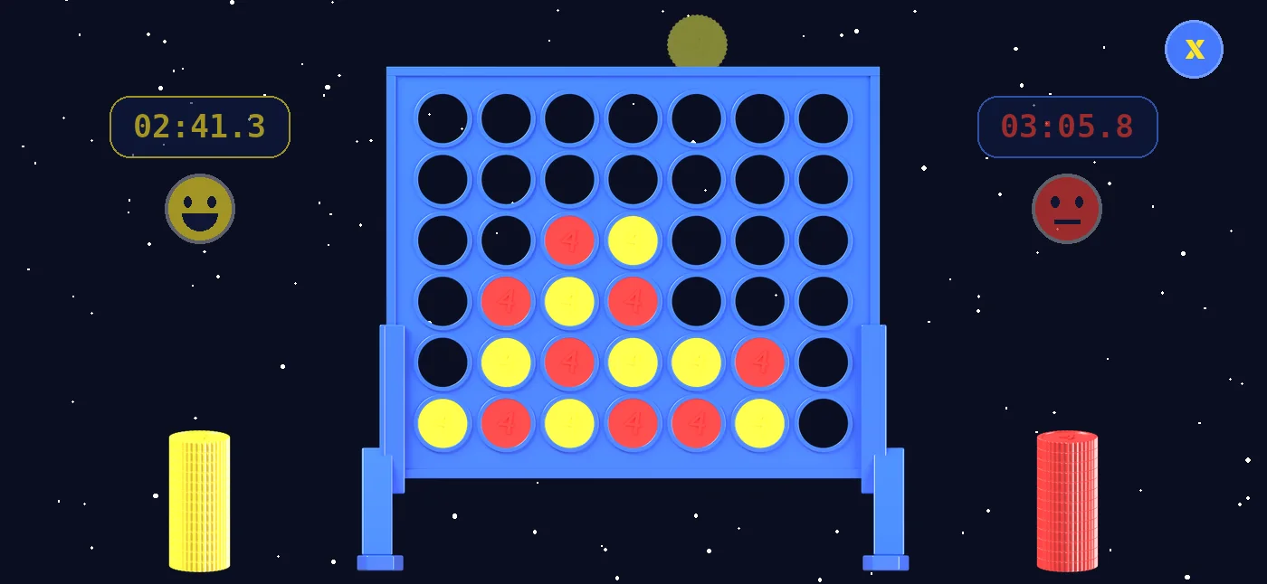 Game screen: the board with yellow and red chips, a yellow chip waiting above a column, clocks and smileys at the sides.