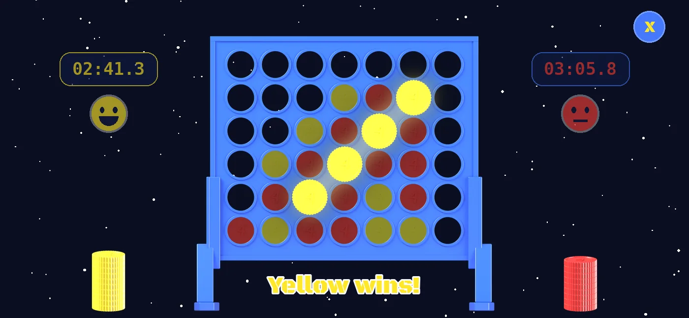 Win screen: four yellow chips in a diagonal row light up, the text “Yellow wins!” below the board.